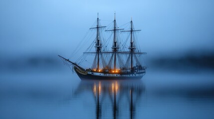 Fototapeta premium Majestic Three-Masted Sailing Ship Gliding Across a Serene Ocean