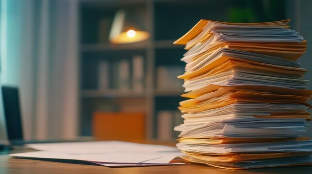 Organize your workspace by decluttering stacked paper piles for enhanced productivity