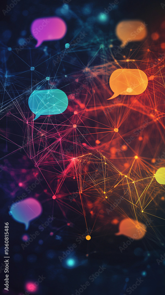 Fototapete colorful speech bubbles floating over abstract network representing global communication and social 