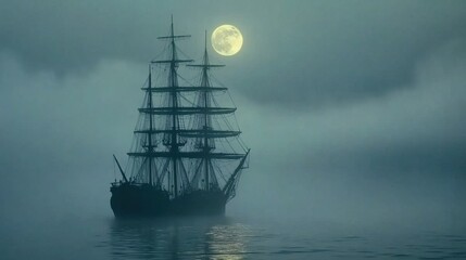 Fototapeta premium Ghostly Galleon Gliding Through the Moonlit Mist
