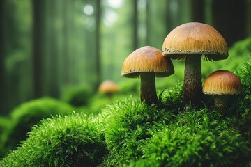 Three Mushrooms Growing on a Bed of Green Moss in a Forest