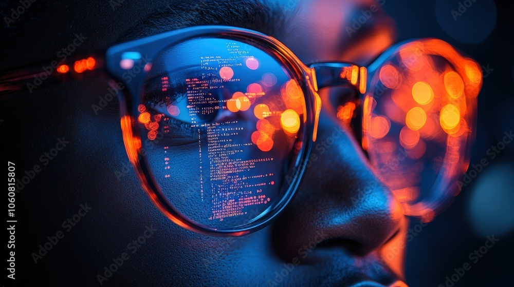Poster close-up of an african american man wearing glasses with digital code and data visualizations reflec