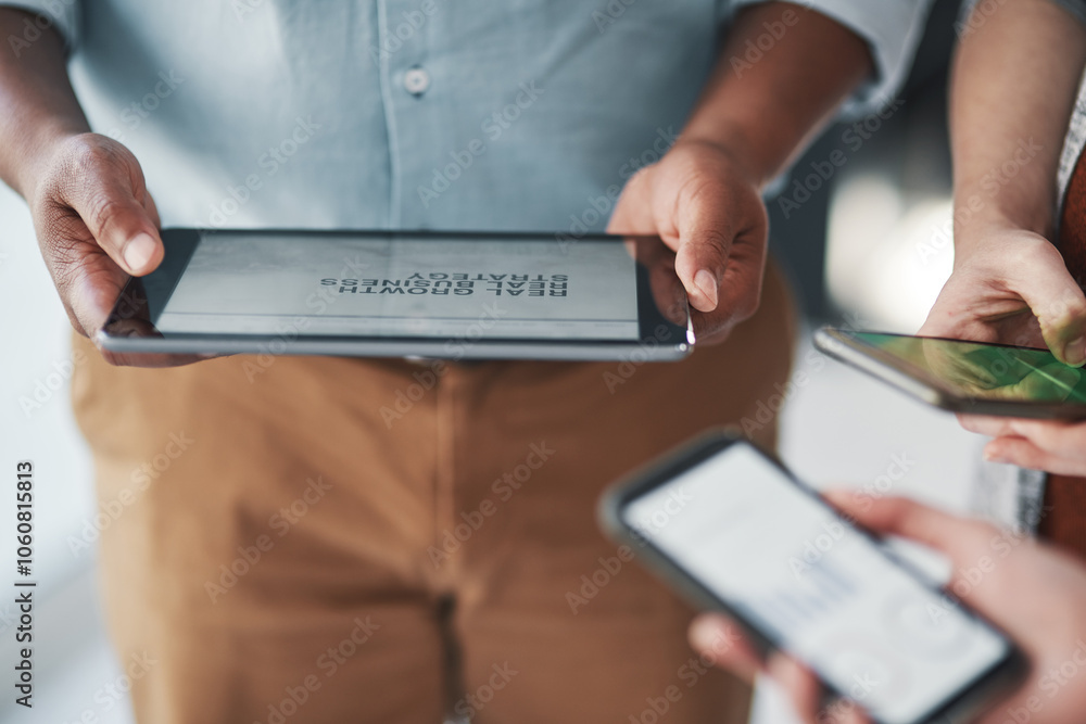 Poster hands, tablet and business people on social media, mobile app or research strategy on screen. group,