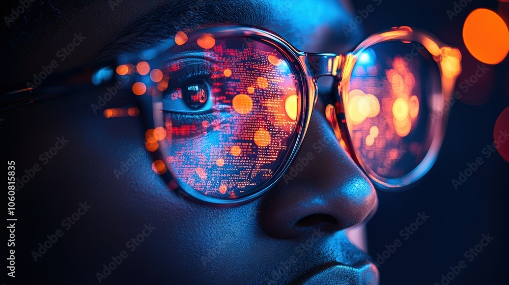 Poster close-up of an african american man wearing glasses with digital code and data visualizations reflec