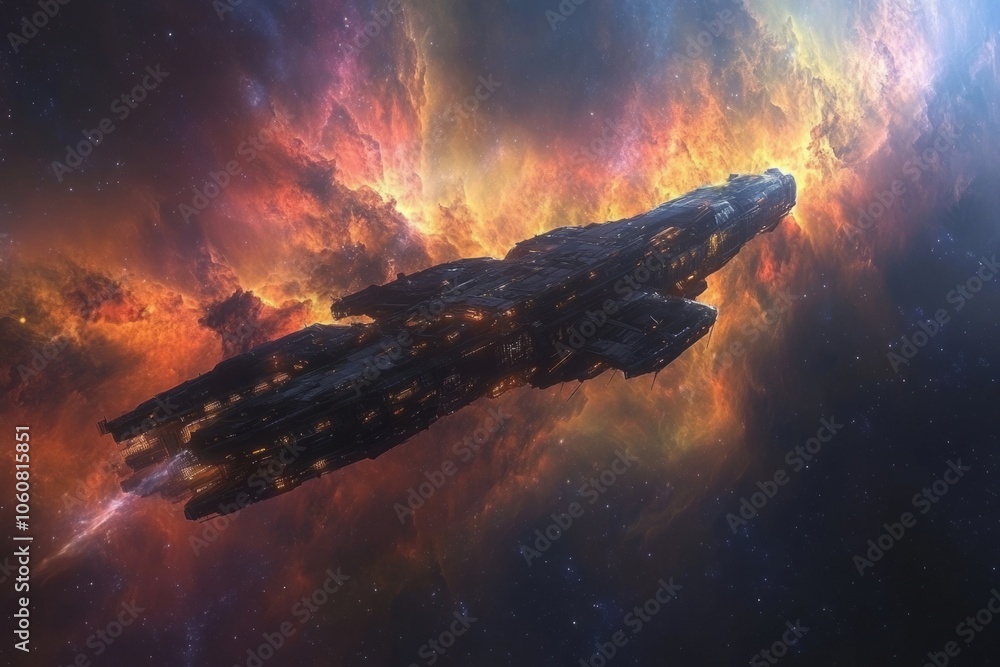 Poster large spaceship exploring a colorful nebula in deep space