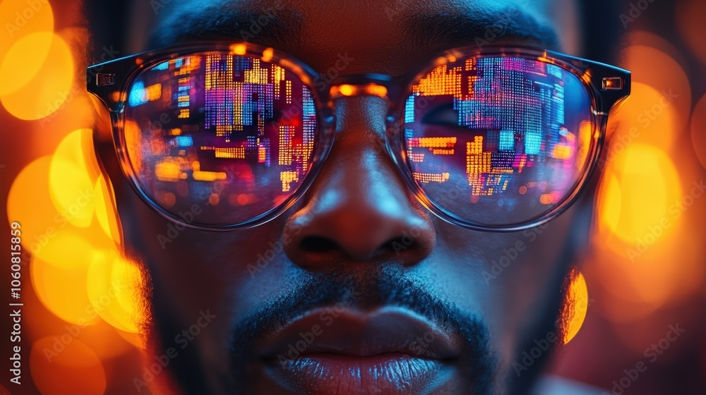 Poster close-up of an african american man wearing glasses with digital code and data visualizations reflec