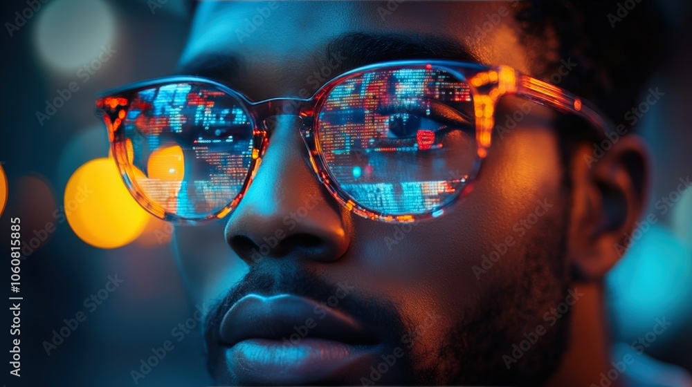 Poster close-up of an african american man wearing glasses with digital code and data visualizations reflec