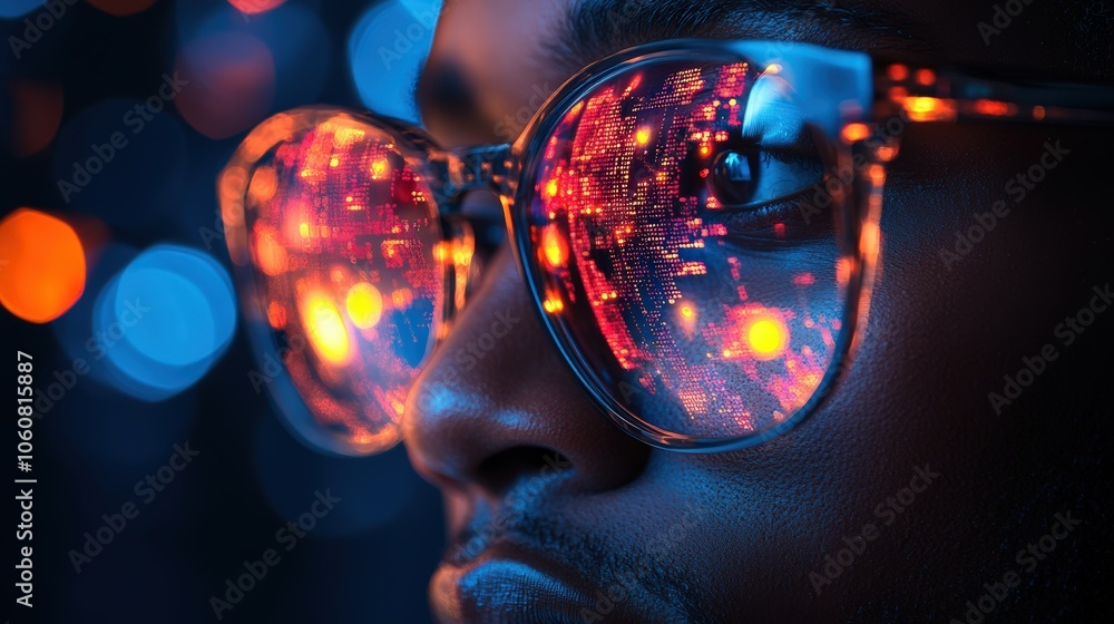 Poster close-up of an african american man wearing glasses with digital code and data visualizations reflec