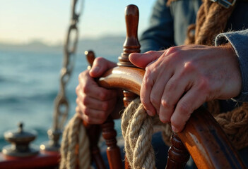 Close-Up of Hands Steering a Wooden Ship's Wheel at Sea