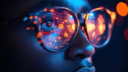 Close-up of an African American man wearing glasses with digital code and data visualizations reflected in the lenses