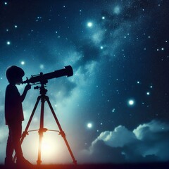 Silhouette of young little boy looking at the starry sky at night or evening through the optical telescope tripod astronomical instrument.