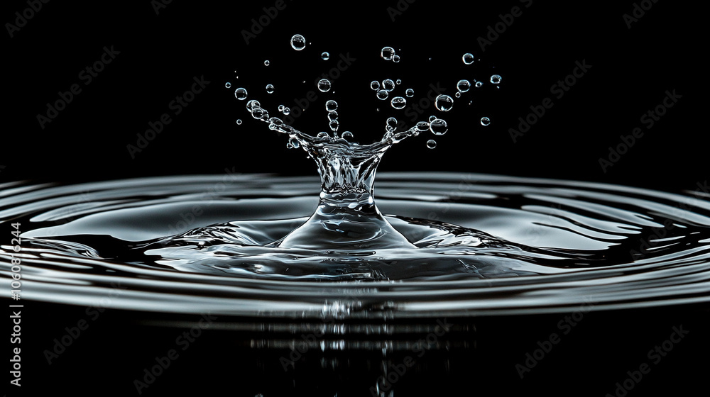 Poster a single water drop creates a splash and ripples in a dark surface