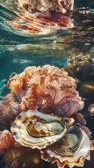 Underwater image: open oyster with pearl, sea shells, pink coral, school of fish, gradient water surface, serene ambiance with reflections of sea life.