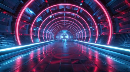 Obraz premium Futuristic Neon Tunnel with Blue and Red Lights. Sci-Fi Background