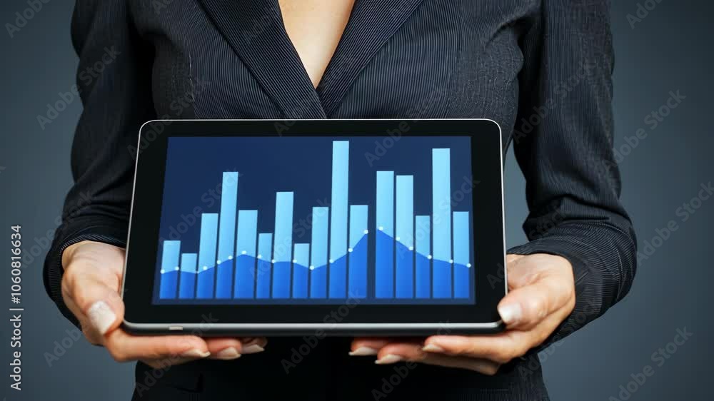 Poster a businesswoman holds a tablet displaying a bar graph and line graph