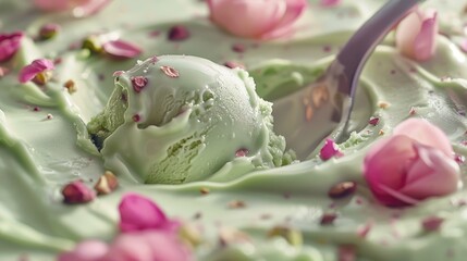 A close-up shot of a green ice cream decorated with pink flowers