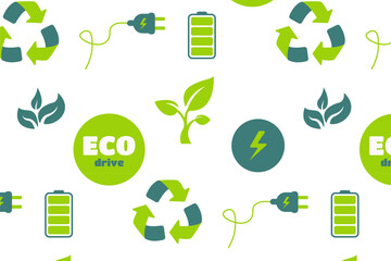 Eco concept seamless pattern recycling sign, charging, electric car, charging battery background vector