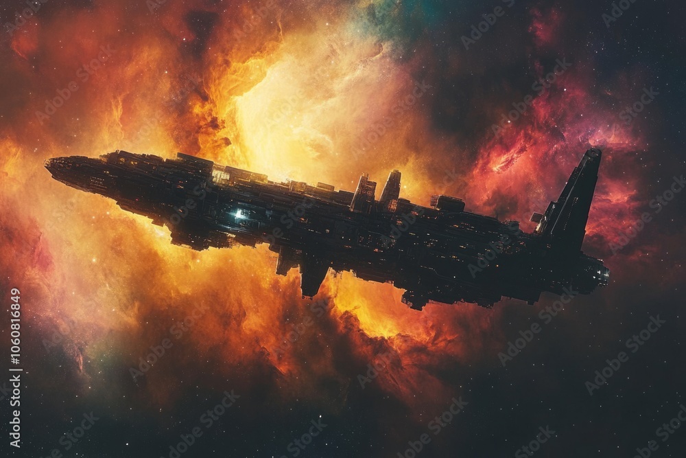 Poster large spaceship exploring a colorful nebula in deep space