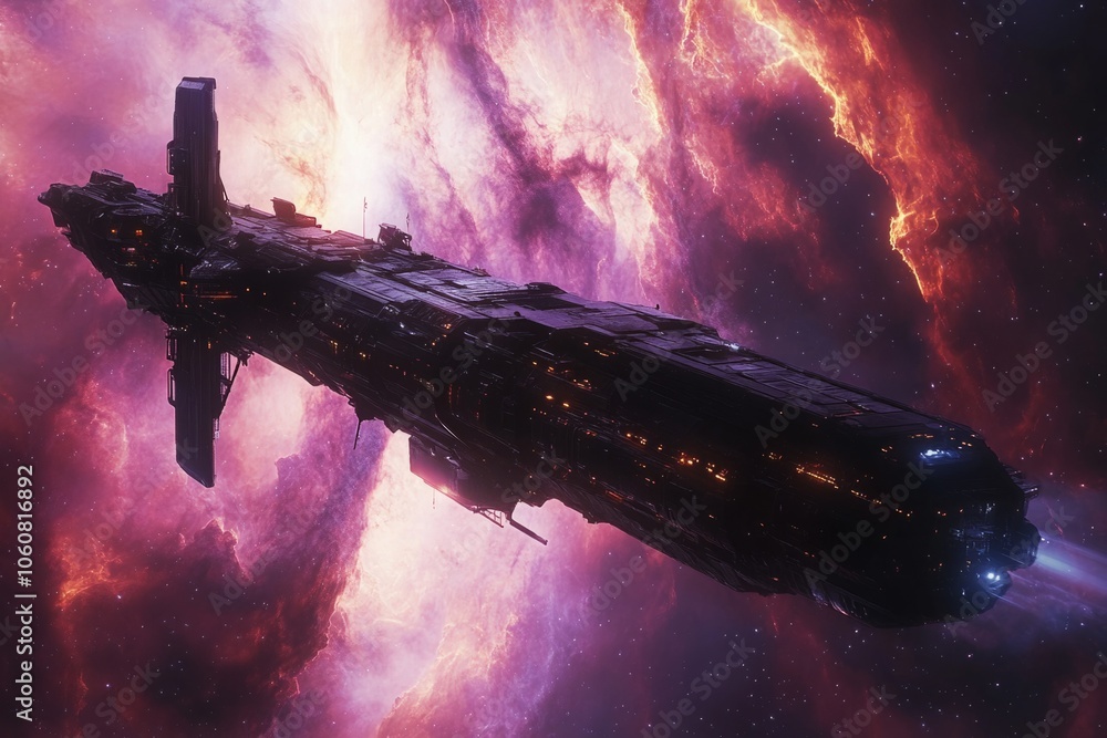 Poster large spaceship exploring colorful nebula in deep space
