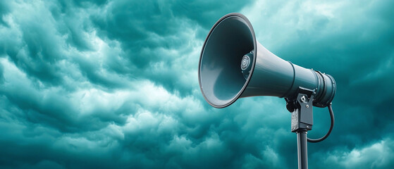 Emergency siren against dark stormy sky with swirling clouds