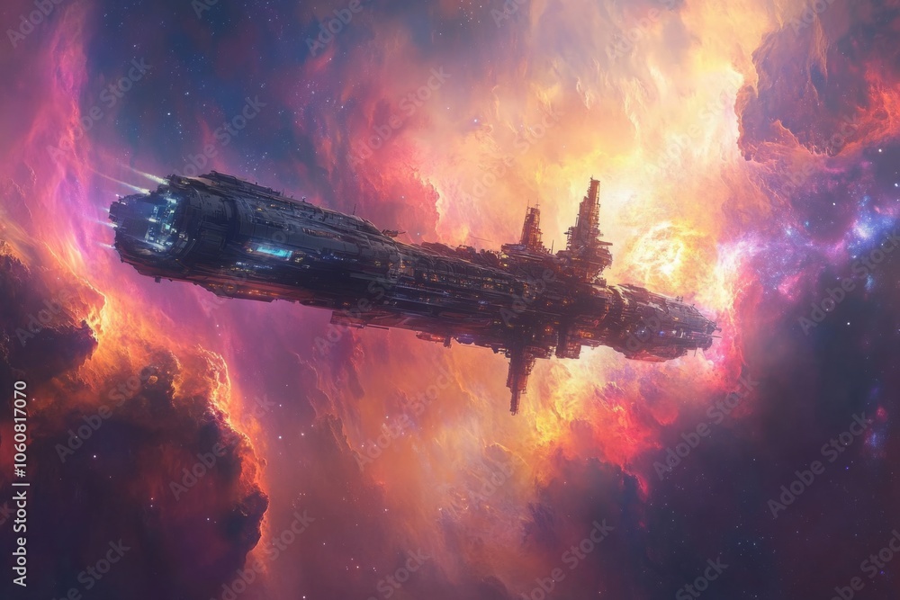 Poster large spaceship exploring colorful nebula in deep space