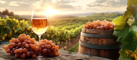 Wine Glass and Grapes in Vineyard
