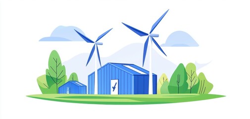 Naklejka premium Clean energy landscape with wind turbines and battery storage units, representing green technology and renewable power innovation