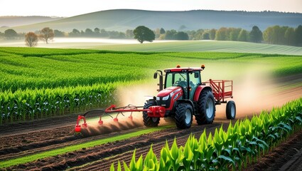 Obraz premium Vibrant red tractor in lush green field, expansive rural landscape, rolling hills, misty morning atmosphere, golden sunrise, precision farming, agricultural machinery, corn rows, fertile soil, idyllic
