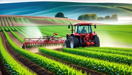Obraz premium Vibrant red tractor in lush green field, expansive rural landscape, rolling hills, misty morning atmosphere, golden sunrise, precision farming, agricultural machinery, corn rows, fertile soil, idyllic