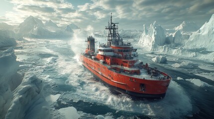 Obraz premium A red ship sails through icy waters, surrounded by towering icebergs.