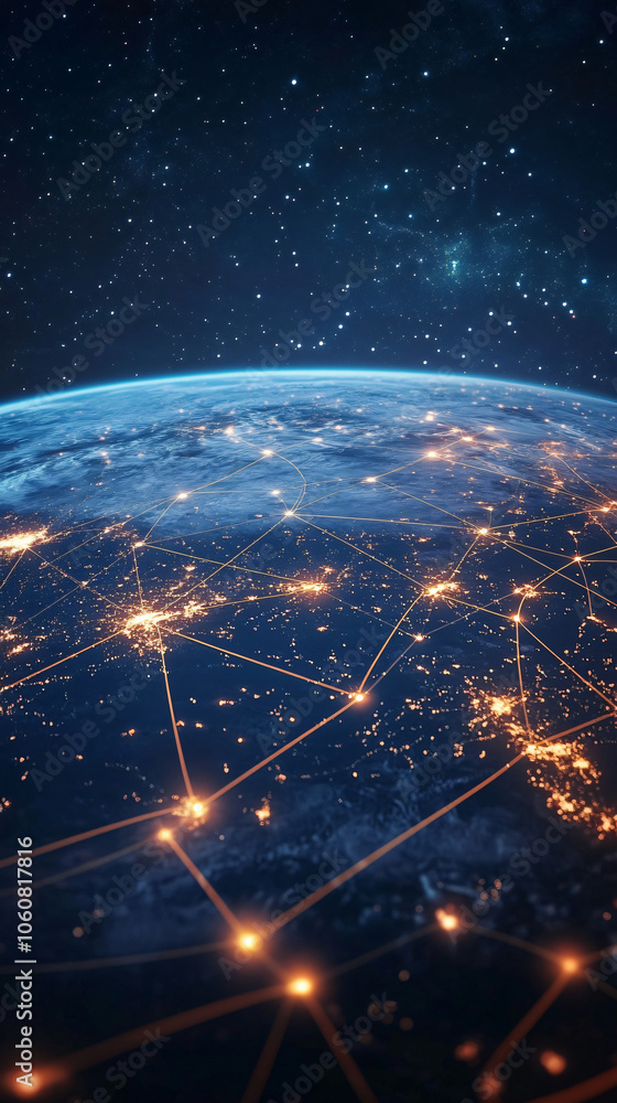 Poster nighttime view of earth with city internet connections and the milky way in the background