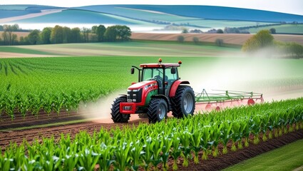 Fototapeta premium Vibrant red tractor in lush green field, expansive rural landscape, rolling hills, misty morning atmosphere, golden sunrise, precision farming, agricultural machinery, corn rows, fertile soil, idyllic