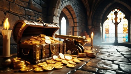 Medieval castle interior, treasure chests, golden coins, flickering torches, stained glass window, stone arches, iron cannon, wooden barrels, atmospheric lighting, fantasy setting, realistic rendering