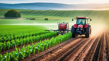 Fototapeta premium Vibrant red tractor in lush green field, expansive rural landscape, rolling hills, misty morning atmosphere, golden sunrise, precision farming, agricultural machinery, corn rows, fertile soil, idyllic