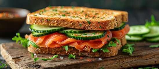 Delicious smoked salmon sandwich with cucumber, arugula, and herbs on toasted bread. Healthy gourmet lunch or snack concept.