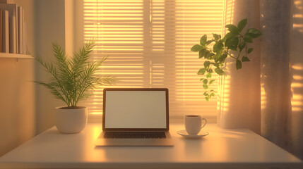 Sunlit Home Office with Laptop and Plants