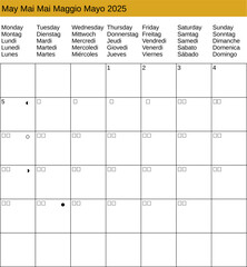 multilingual calendar of May 2025 in English German French Italian Spanish