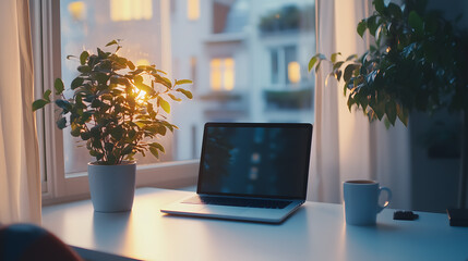 Sunlit Home Office with Laptop and Plants