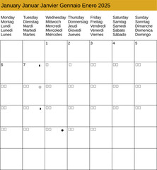 multilingual calendar of January 2025 in English German French Italian Spanish