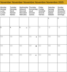multilingual calendar of November 2025 in English German French Italian Spanish
