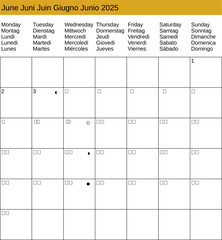 multilingual calendar of June 2025 in English German French Italian Spanish