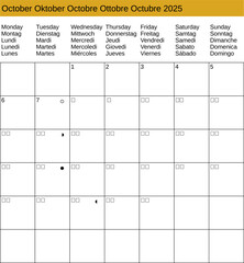 multilingual calendar of October 2025 in English German French Italian Spanish