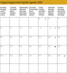 multilingual calendar of August 2025 in English German French Italian Spanish