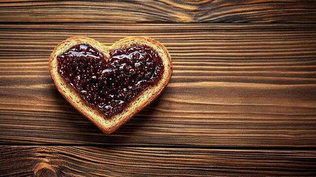 A heart-shaped piece of toast with jam sits on a rustic wooden table