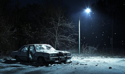 Abandoned car in snowy night with streetlight.
