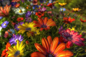 Fototapeta premium A bright and vibrant bouquet of flowers growing wild in a green meadow
