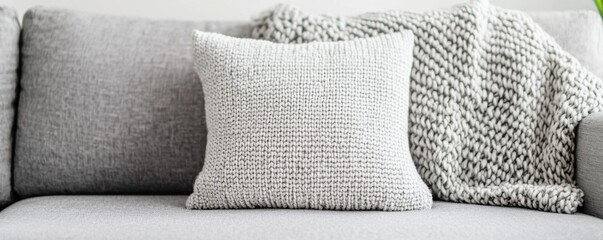 Textured gray pillow on a cozy couch with a blanket in a serene living space.