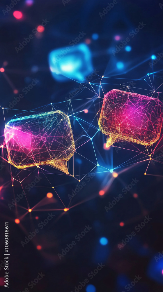Poster network of connections facilitates communication between two digital speech bubbles, symbolizing the
