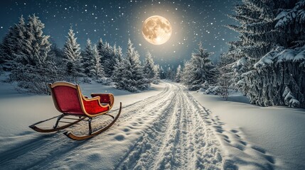 A red sleigh sits in a snowy forest path under a full moon and starry night.