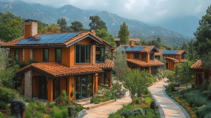 Obraz premium ecofriendly neighborhood featuring houses adorned with solar panels showcasing sustainable living practices greenery and a harmonious blend of nature and modern architecture